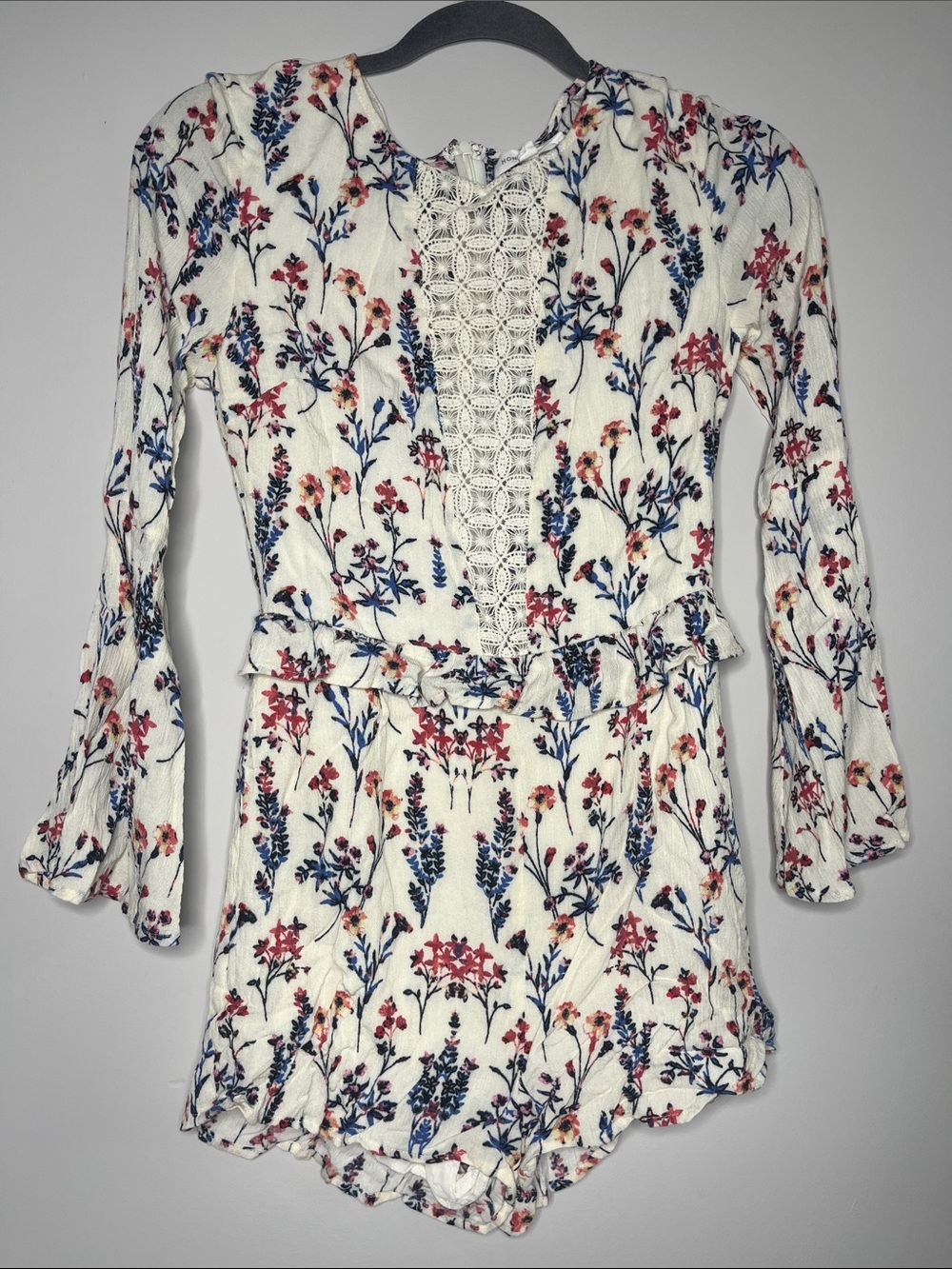 Honey Punch Floral Lace-Front Romper in Cream with Navy & Coral Floral Print